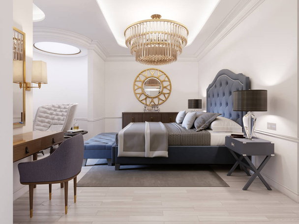 Luxe presidentiële hotelkamer met een slaapkamer en een open badkamer gebied in wit en lichte kleuren in een moderne stijl. 3D-rendering.  - Foto, afbeelding