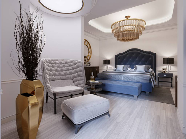 Luxurious presidential hotel room with a bedroom and an open bathroom area in white and light colors in a modern style. 3D rendering.  - Photo, Image