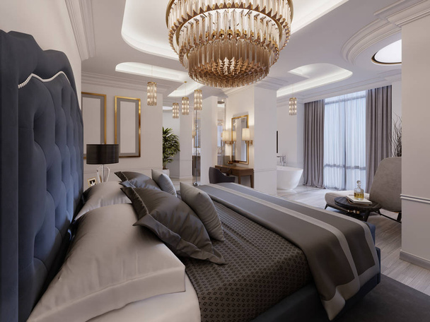 luxuriöses Präsidentenzimmer mit einem Schlafzimmer und einem offenen Badezimmer in Weiß und hellen Farben in einem modernen Stil. 3D-Darstellung.  - Foto, Bild