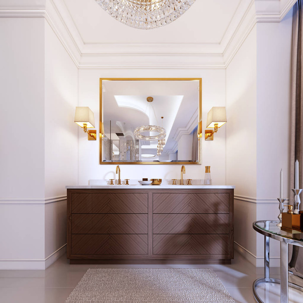 Vaidade de madeira moderna com um espelho em uma moldura de ouro e arandelas na parede, uma mesa baixa com decoração e um tapete com um lustre. Renderização 3d
. - Foto, Imagem