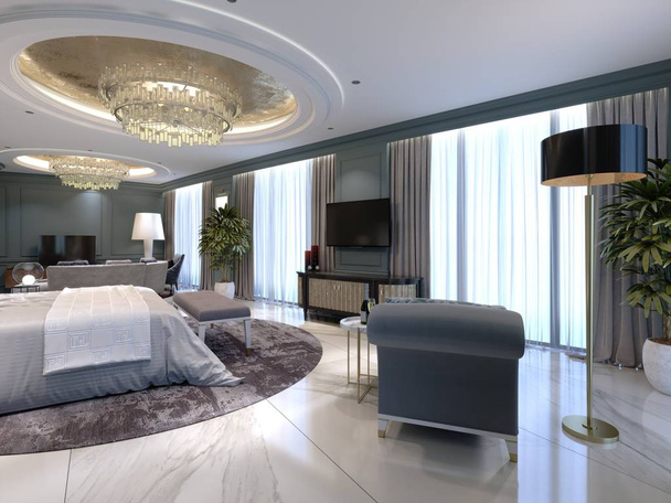 Luxeappartementen met een slaapkamer en een leefruimte in hedendaagse stijl met klassieke elementen, blauwe muren en licht meubilair. 3D-rendering - Foto, afbeelding