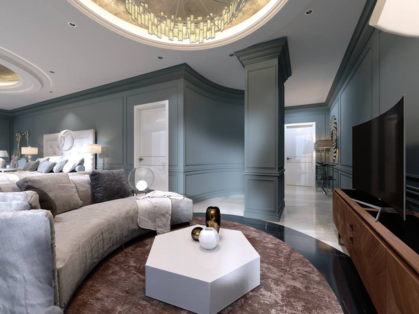 Luxe presidentiële suite met een tweepersoonsbed, een slaapkamer en een woonkamer met een slaapbank en een TVs met drie schappen. 3D-rendering - Foto, afbeelding