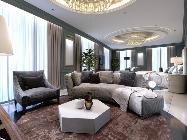 Luksusowy Apartament z sypialnią i dużym łóżkiem i salonem z sofą i Tv stand. renderowania 3D - Zdjęcie, obraz