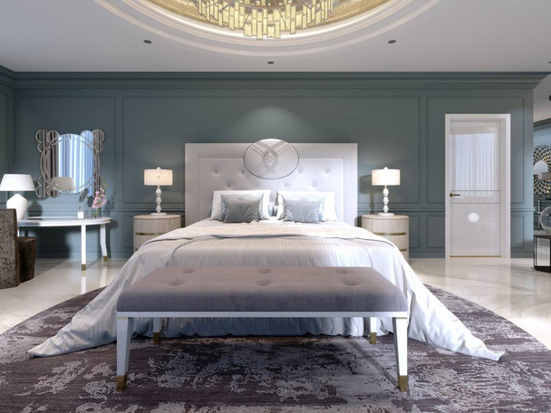大きな白いベッドの寝室と近隣のドレッシング テーブルとスツールのモダンなデザイン。暗い壁の家具、大理石の床が光します。3 d レンダリング. - 写真・画像