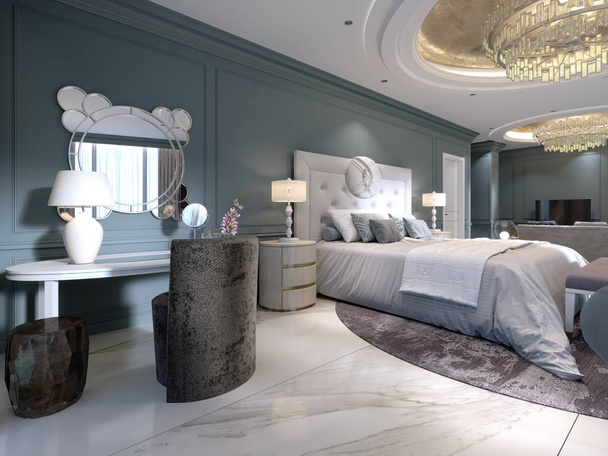 Suite presidencial de lujo con un dormitorio y una cama grande y una sala de estar con sofá y TV. renderizado 3d
 - Foto, imagen