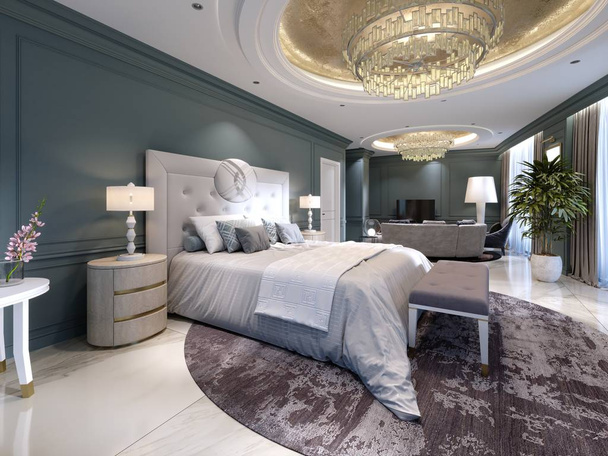 Luxe presidentiële suite met een tweepersoonsbed, een slaapkamer en een woonkamer met een slaapbank en een TVs met drie schappen. 3D-rendering - Foto, afbeelding