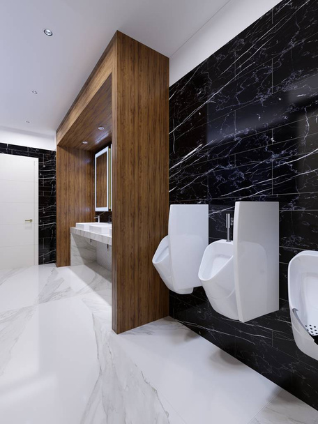 moderne öffentliche Toilette im modernen Stil mit einer hölzernen Nische und schwarzen Marmorwänden. 3D-Darstellung - Foto, Bild