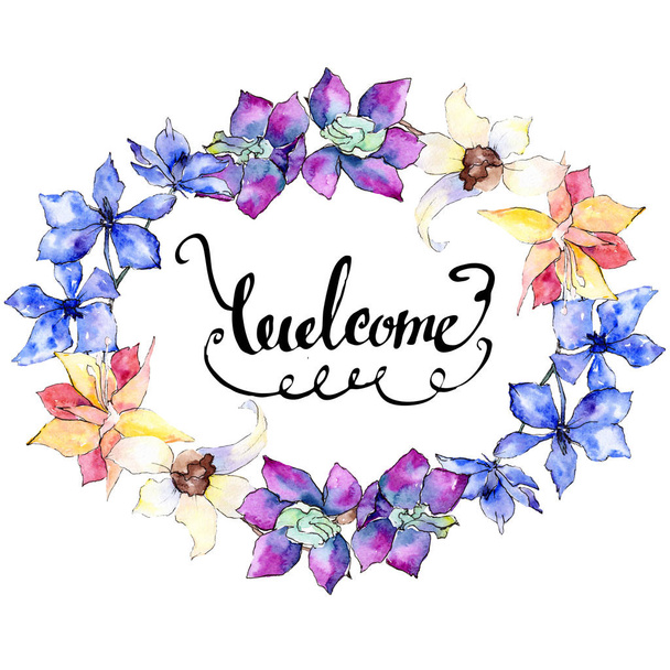 Purple, yellow and white orchid flowers. Welcome handwriting monogram calligraphy. Watercolor background illustration. Frame border ornament wreath. - Photo, Image
