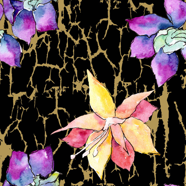 Fialové a žluté květy orchidejí. Vzor bezešvé pozadí. Fabric tapety tisku texturu. Ilustrace akvarel zázemí. - Fotografie, Obrázek