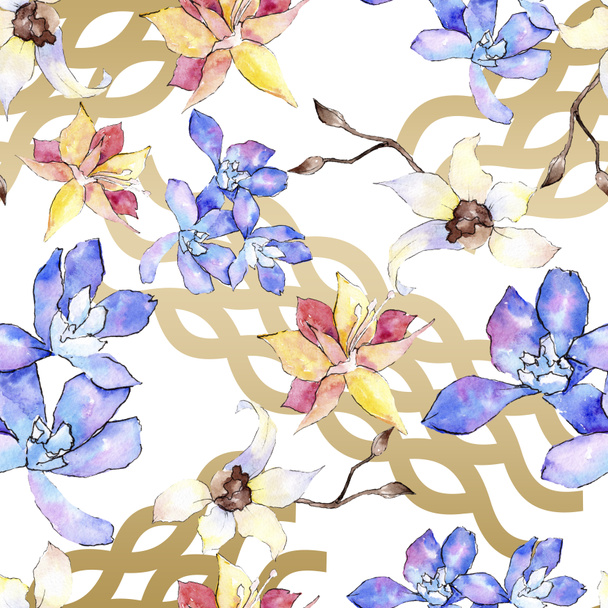 Lila, sárga és fehér orchidea virágok. Varratmentes háttérben minta. Szövet nyomtatási textúrát. Akvarell háttér illusztráció. - Fotó, kép