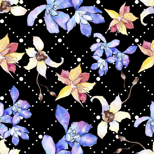 Flores de orquídea púrpura, amarilla y blanca. Patrón de fondo sin costuras. Textura de impresión de papel tapiz de tela. Ilustración fondo acuarela
. - Foto, Imagen