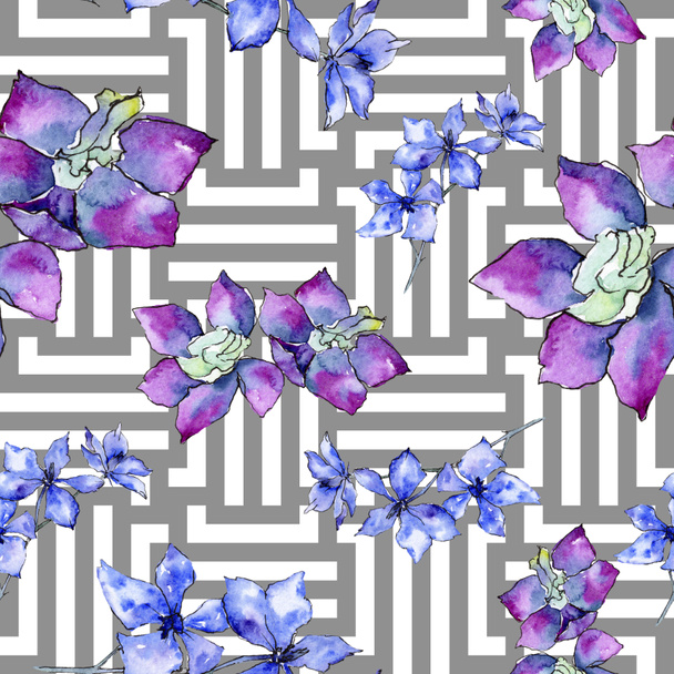 Purple orchid flowers. Seamless background pattern. Fabric wallpaper print texture. Watercolor background illustration. - Foto, immagini