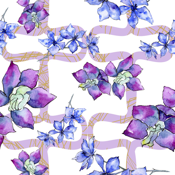 Fioletowe kwiaty orchidei. Bezszwowe tło wzór. Tkanina tapeta tekstura wydruku. Tle akwarela, ilustracja. - Zdjęcie, obraz