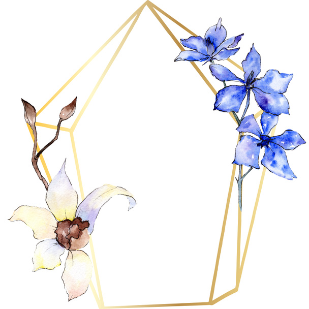 Fialové a bílé květy orchidejí. Ilustrace akvarel zázemí. Zlaté polygonální rám s květinami. Geometrické mnohostěn krystalový tvar. - Fotografie, Obrázek