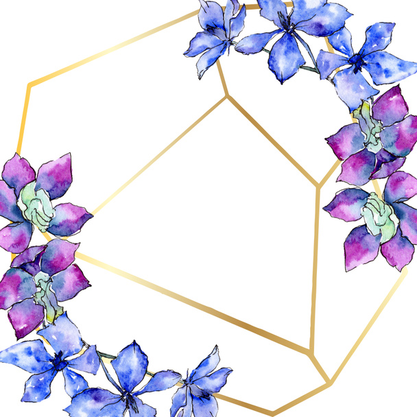 Purple orchid flowers. Watercolor background illustration. Golden  polygonal frame with flowers. Geometric polyhedron crystal shape. - Photo, Image