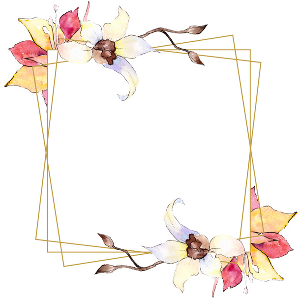Yellow and white orchid flowers. Watercolor background illustration. Golden square polygonal frame with flowers. Geometric polyhedron crystal shape. - Photo, Image