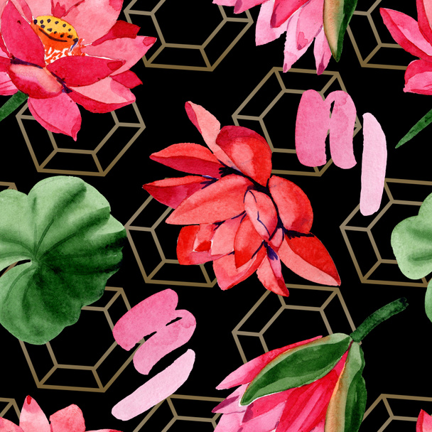 Red lotus flowers. Watercolor background illustration. Seamless background pattern. Fabric wallpaper print texture. - Φωτογραφία, εικόνα