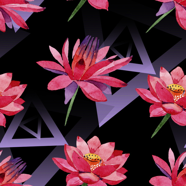 Red lotus flowers. Watercolor background illustration. Seamless background pattern. Fabric wallpaper print texture. - Fotó, kép