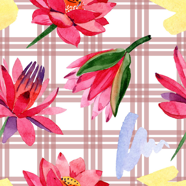 Red lotus flowers. Watercolor background illustration. Seamless background pattern. Fabric wallpaper print texture. - Photo, Image