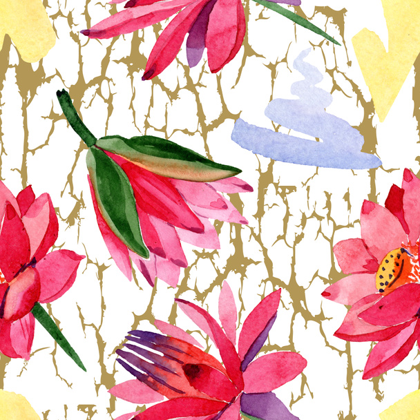 Červené lotosové květy. Ilustrace akvarel zázemí. Vzor bezešvé pozadí. Fabric tapety tisku textura. - Fotografie, Obrázek