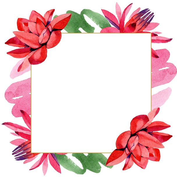 Red lotus flowers. Watercolor background illustration. Frame border ornament square. Hand drawn in aquarell. - Φωτογραφία, εικόνα