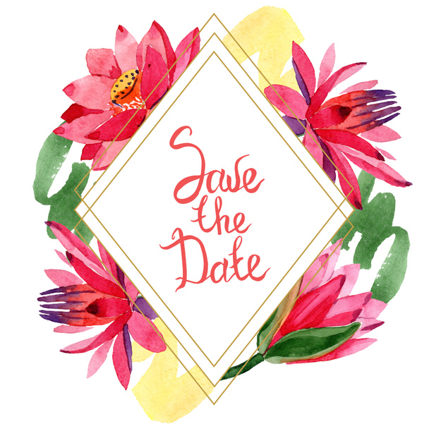Red lotus flowers. Save the Date handwriting monogram calligraphy. Watercolor background illustration. Frame border golden rhombus. Geometric polygon crystal shape. - Foto, immagini