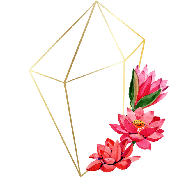 Red lotus flowers. Watercolor background set. Frame border golden crystal. Hand drawn in aquarell. Geometric polygon mosaic shape. - Valokuva, kuva