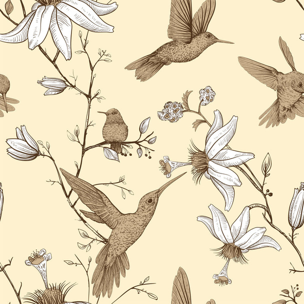 Vector sketch pattern with birds and flowers. Monochrome flower design for web, wrapping paper, phone cover, textile, fabric, postcard - Vector, imagen