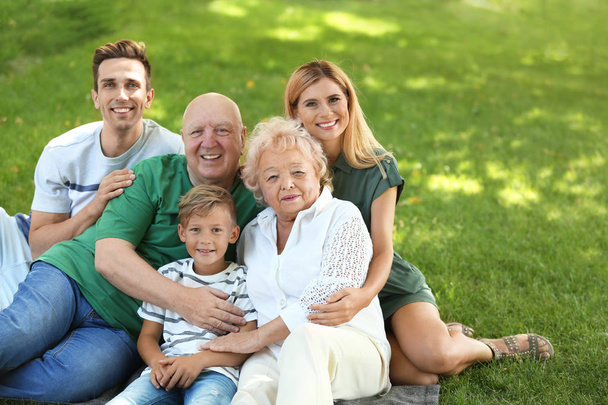 Couple with son and elderly parents in park - Фото, изображение