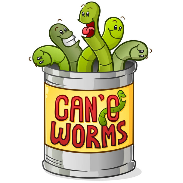 Can of Worms stripfiguur betekenende zeggen wat betekent een moeilijk te verwerken situatie of probleem - Vector, afbeelding