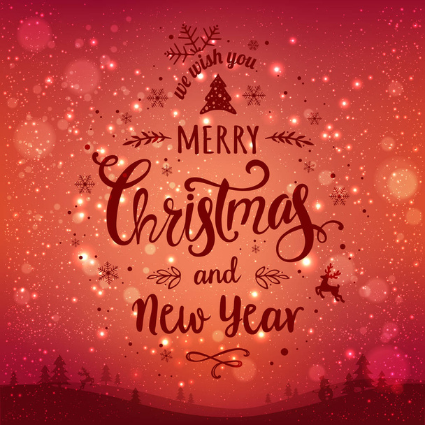 メリー クリスマスと新年のクリスマス リース、風景、雪、光、赤い休日背景に誤植の星します。クリスマス カード。ベクトル図 - ベクター画像