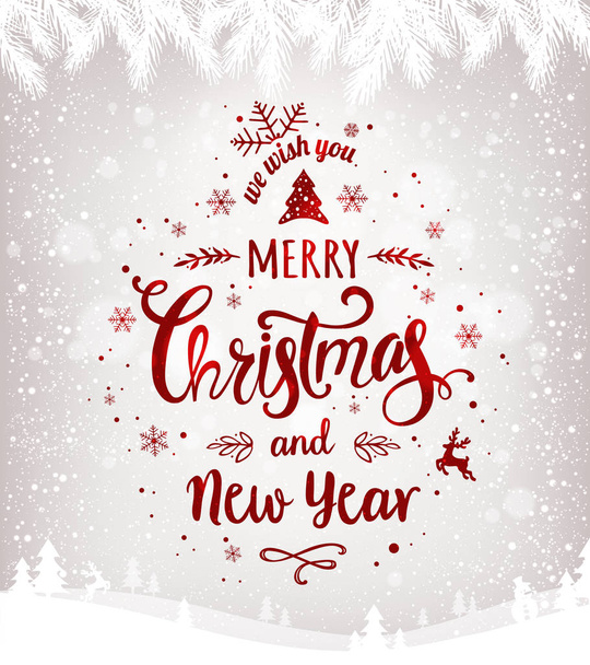 雪の結晶、光、星と冬の風景を背景にクリスマスと新年のタイポグラフィ。Xmasカード。ベクターイラスト - ベクター画像