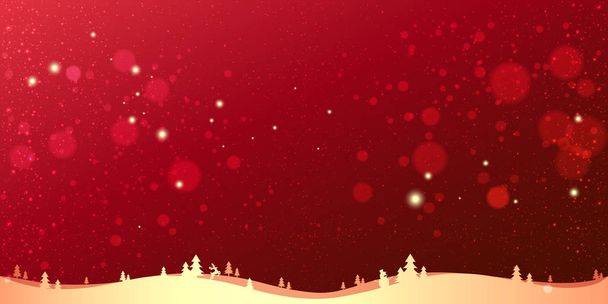 Rode winter Kerstmis achtergrond met gouden landschap, sneeuwvlokken, light, sterren. Xmas en nieuw jaar kaart. Vectorillustratie - Vector, afbeelding
