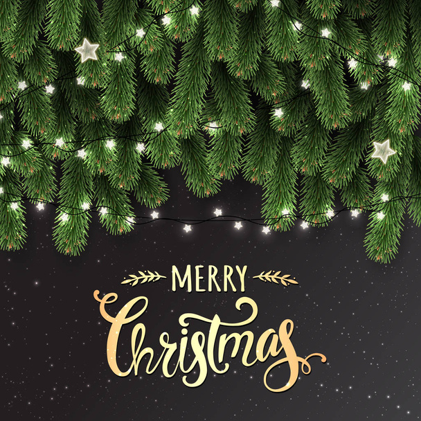 ゴールド クリスマスと新年誤植のモミの枝、ライト、光る白い花輪クリスマス装飾と暗い背景に。クリスマスのテーマ。ベクトル図 - ベクター画像