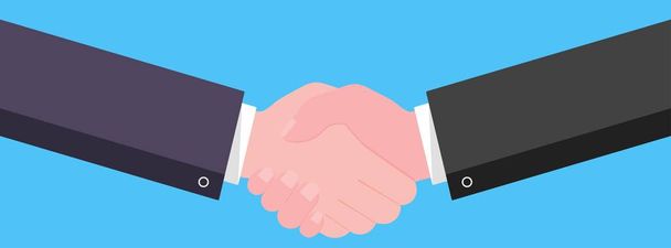 Businessmen shaking hands flat style design vector illustration with abstract rays. Success deal, partnership, greeting, handshaking agreement isolated on light blue background - Vector, Image