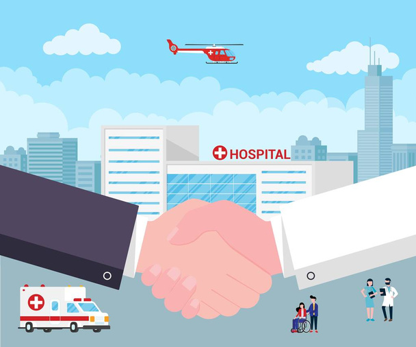 Handshake between doctor and patient behind hospital building,  doctor, nurse, patients, helicopter and ambulance car in flat style. Hospital building, doctors, nurses, woman in wheelchair. - Vector, Image
