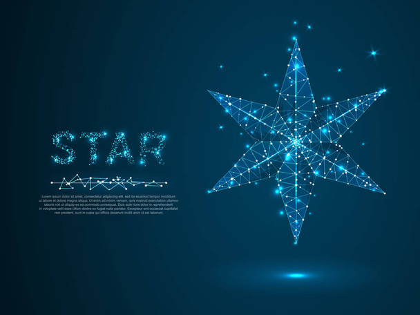 Volumetric star with six rays. Polygonal space low poly with connecting dots and lines. Star in the sky concept. Connection wireframe structure. Vector on dark blue background - Vector, Image