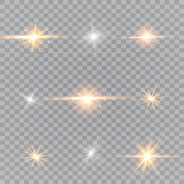 Ilustración vectorial de rayos de luz de llamarada abstracta. Un conjunto de estrellas, luz y resplandor, rayos y brillo. Efecto de luz brillante. Ilustración vectorial. Navidad flash Concepto. - Vector, Imagen