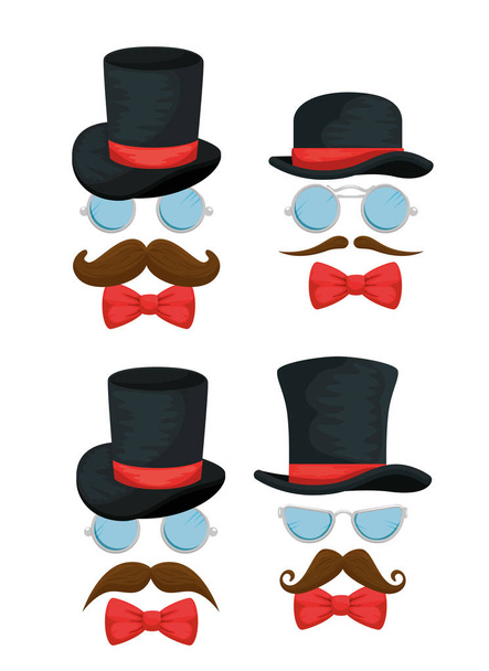 set hats with glasses accessories and mustaches style - Vector, Image