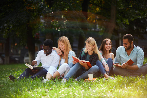 Mixed-race group of students sitting together on green lawn of university campus - Fotoğraf, Görsel
