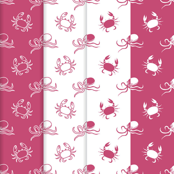 Set of 4 vector seamless pattern with octopuses and crabs. Sea inhabitants. Animals under water. Seafood. Design for wrapping, fabric, marine background, print. - Vektor, obrázek