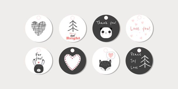 Set of 8 vector circled tags with animals, hearts and words for the different holidays as Christmas, St. Valentine's day and other. Use for tags, stickers, gifts, etc. - Vector, afbeelding