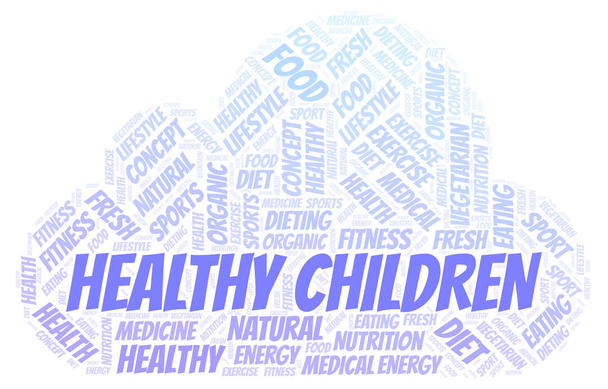Sağlıklı çocuk bulut kelime. Yalnızca metin ile yapılan Wordcloud. - Fotoğraf, Görsel