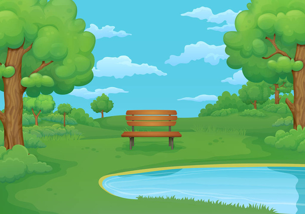 Векторні ілюстрації літнього, весняного дня. Дерев'яна лавка біля озера з пишними зеленими кущами та деревами. Зелені луки і блакитне небо з хмарами на фоні
. - Вектор, зображення
