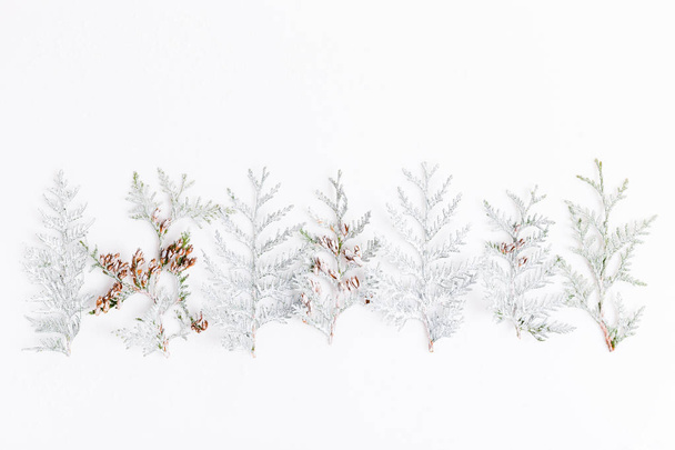Minimalist Christmas composition in bright colors made of pine branches on white background. Christmas, winter, new year concept. Flat lay, top view - Foto, imagen