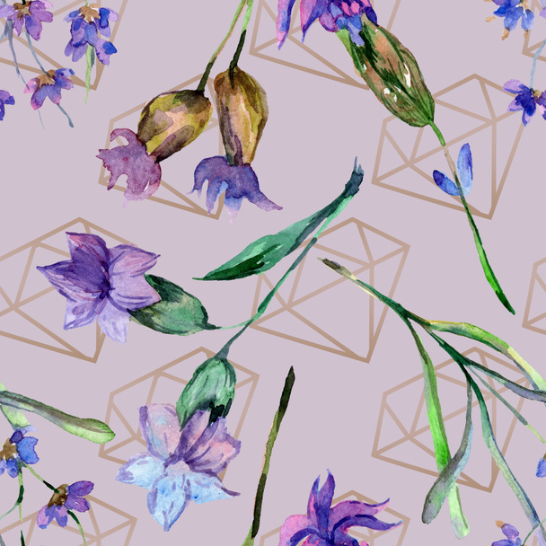 Purple lavender flowers. Watercolor seamless background pattern. Fabric wallpaper print texture. Gold crystal polyhedron mosaic shapes. - Photo, Image
