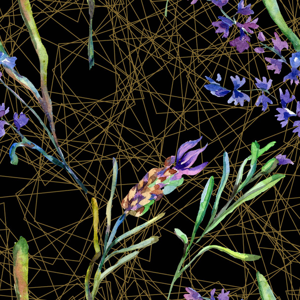 Purple lavender flowers. Watercolor seamless background pattern. Fabric wallpaper print texture. Gold crystal polyhedron mosaic shapes. - Φωτογραφία, εικόνα