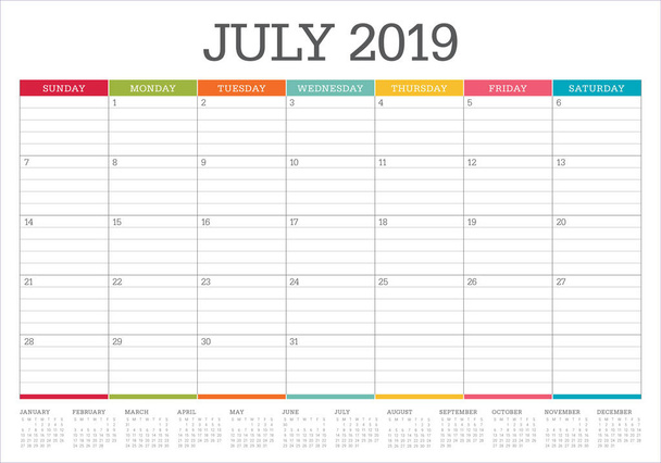 Juli 2019 Schreibtisch-Kalendervektorillustration, einfaches und sauberes Design. - Vektor, Bild