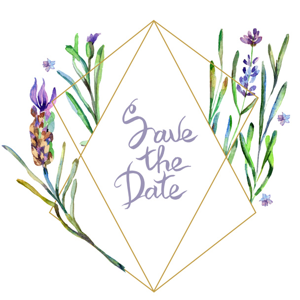 Purple lavender flowers. Save the date handwriting monogram calligraphy. Watercolor background. Frame border ornament. Gold crystal stone polyhedron mosaic shape amethyst gem. - Photo, Image