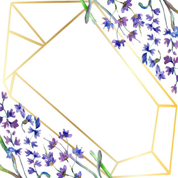 Violetti laventeli kukkia. Vesiväri tausta kuvitus. Kehyksen rajakoriste. Kulta kristalli kivi polyhedron mosaiikki muoto ametisti helmi
. - Valokuva, kuva